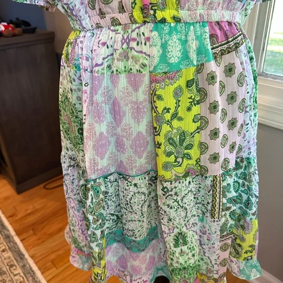 UMGEE Boho Mixed Print Patchwork 3/4 sleeve Dress, Pink, Green, Lavender Small - Picture 5 of 10